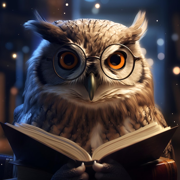 An owl with glasses is holding a book Illustration AI generation