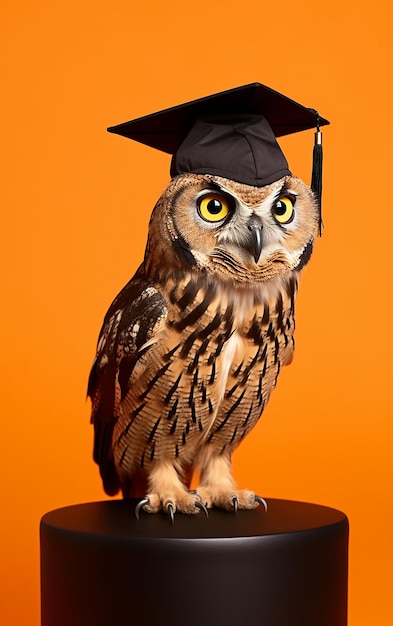 An owl with a graduation cap on his head