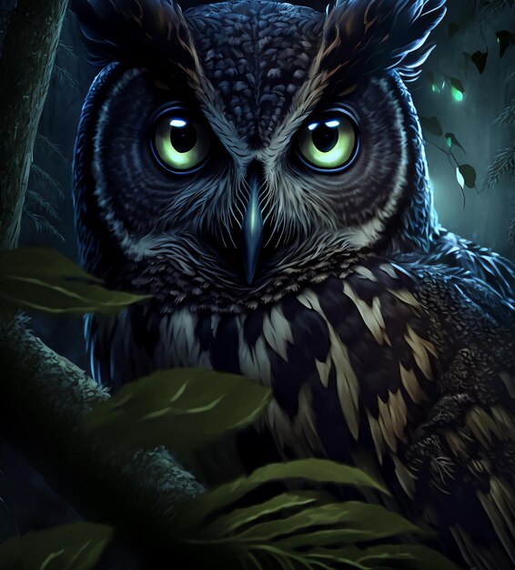 Photo an owl with green eyes is in a dark forest.