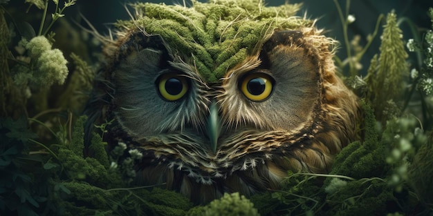 An owl with green eyes and yellow eyes