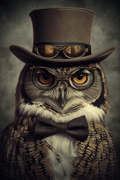 An owl with a hat and glasses is wearing a top hat and a bow tie.