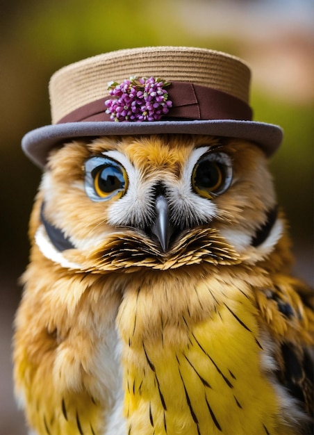 a owl with a hat that says owl on it