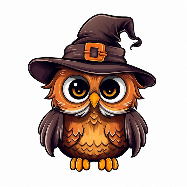 an owl with a hat that says " witch " on it.