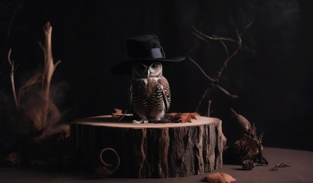 A owl with a hat on