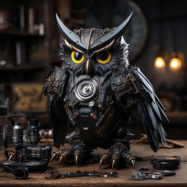 Photo an owl with a helmet and a helmet on it