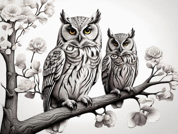 an owl with her baby black and white background