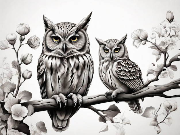 an owl with her baby black and white background