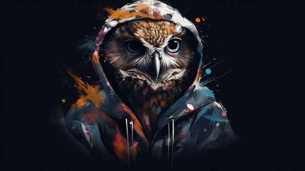 An owl with a hoodie that says'owl'on it