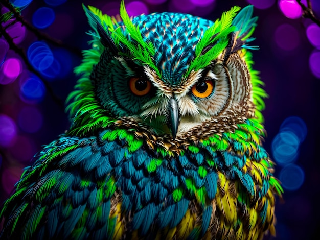 an owl with neon colors highlighting the mysterious aura of nocturnal creatures