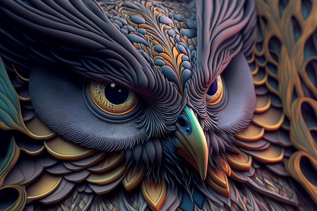 An owl with orange eyes and a black beak