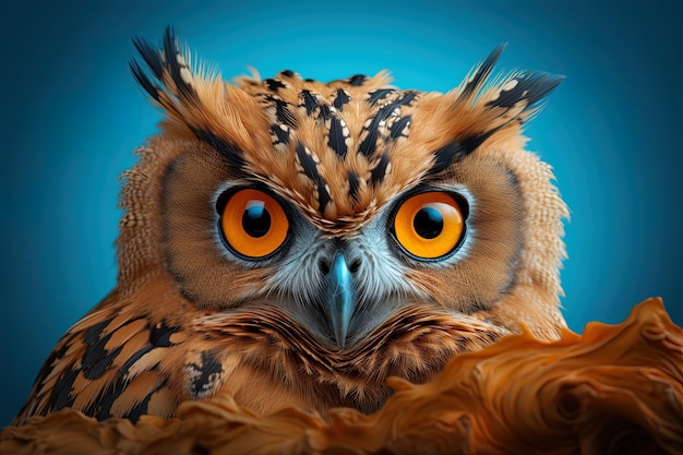 Owl with orange eyes on a dark background AI generative