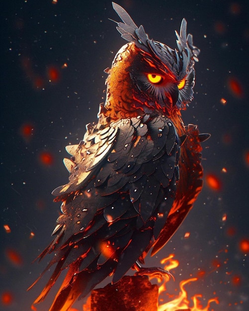 An owl with orange eyes sits on a branch with flames on it.