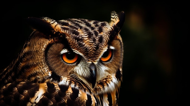 An owl with orange eyes sits in front of a dark background.