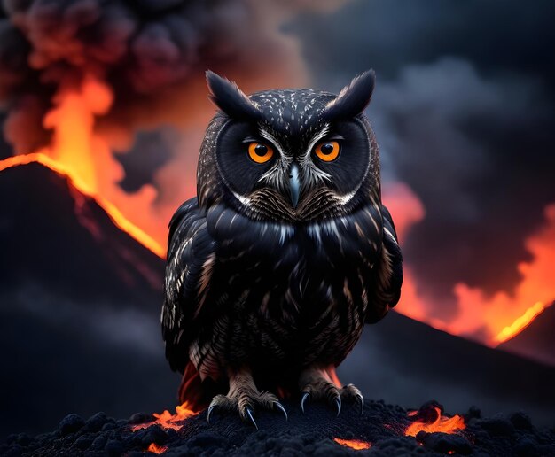 Photo an owl with orange eyes stands on a lava field