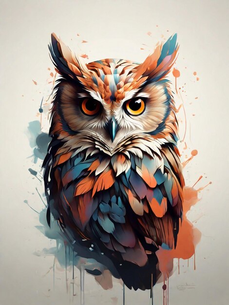 Owl with orange eyes on white background Digital painting Vector illustration