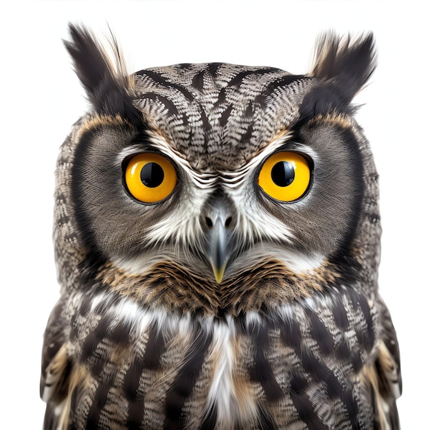 Photo a owl with orange eyes and yellow eyes studio light isolated on white background