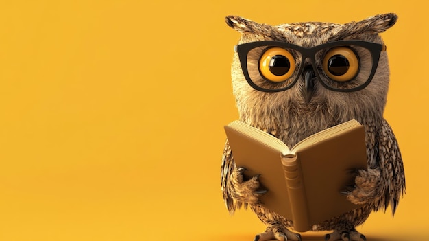 Сова с огромными очками стоит прямо и читает книгу на веселом желтом фоне.