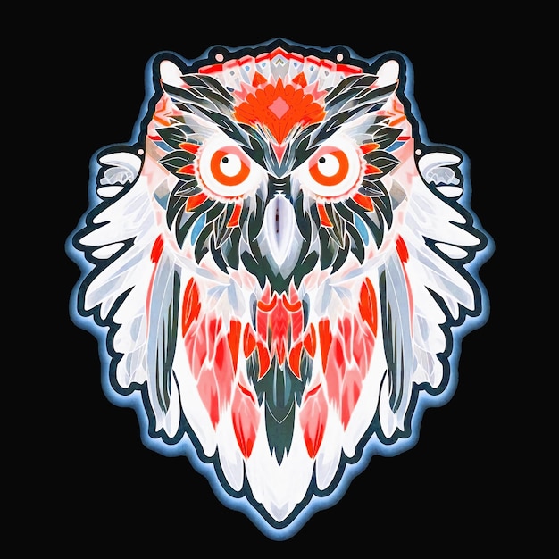 A owl with a red eye and a red eye.