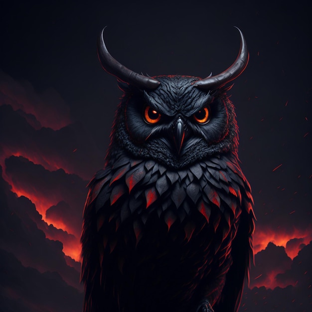 Photo an owl with red eyes and orange eyes is sitting in the dark with the words fire on the front