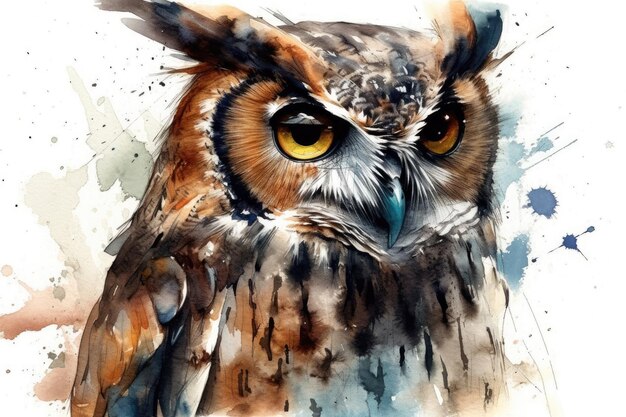 Owl with stunning yellow eyes painted with watercolors Generative AI