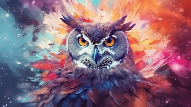 An owl with vibrant orange eyes depicted in a painting Generative ai