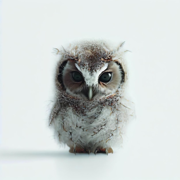 An owl with a white and black face and black eyes.