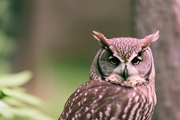 白と茶色の尾と黒い斑点を持つフクロウが木に座っています。