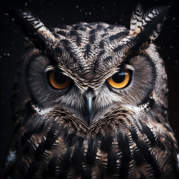 Photo an owl with yellow eyes and a black background with a black background.