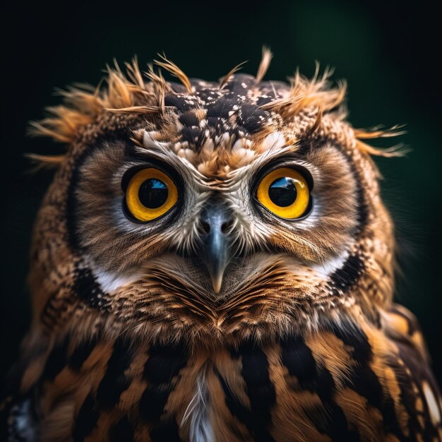 an owl with yellow eyes and a black background