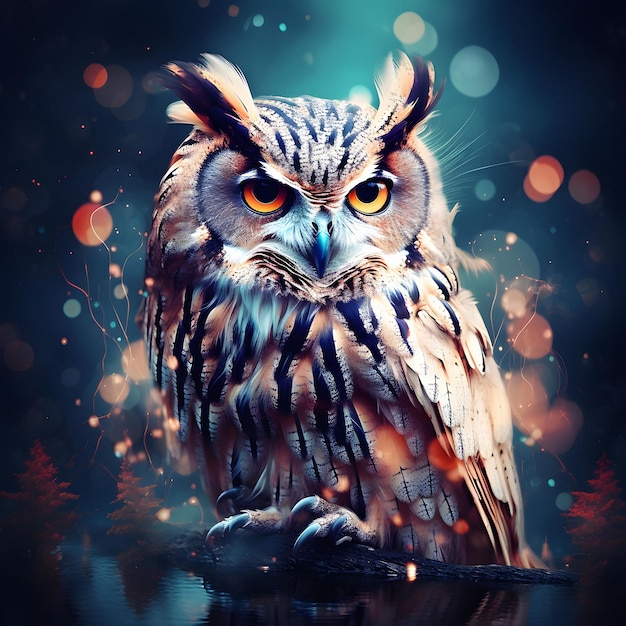 an owl with yellow eyes and a blue background with a reflection of the owl on it.