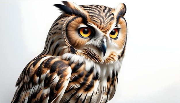 Photo a owl with yellow eyes and brown feathers is shown