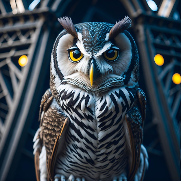 A owl with yellow eyes is sitting on a stand.