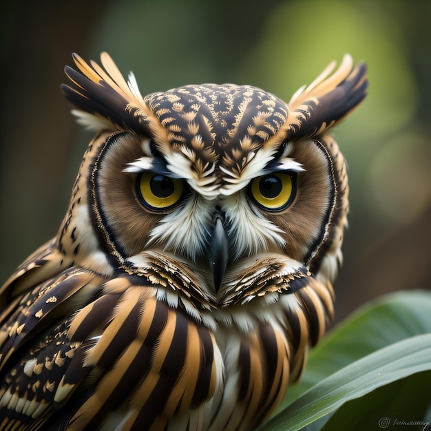 A owl with yellow eyes and stripes on its face