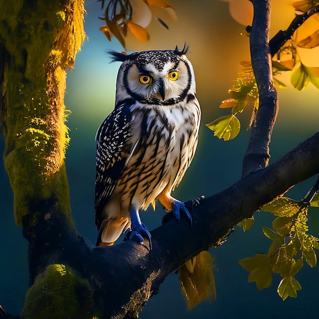 An Owlbird is sitting on a tree branch