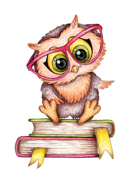 Owlet sits on books watercolor