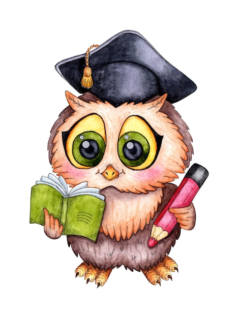 Owlet with notebook and pencil watercolor