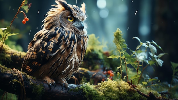 A owls on the branch in the forest dark light background