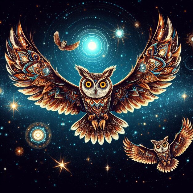 Owls fluttering under a starry sky with bright piercing eyes