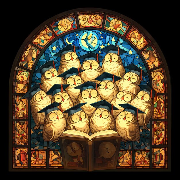 Photo owls graduating on stained glass