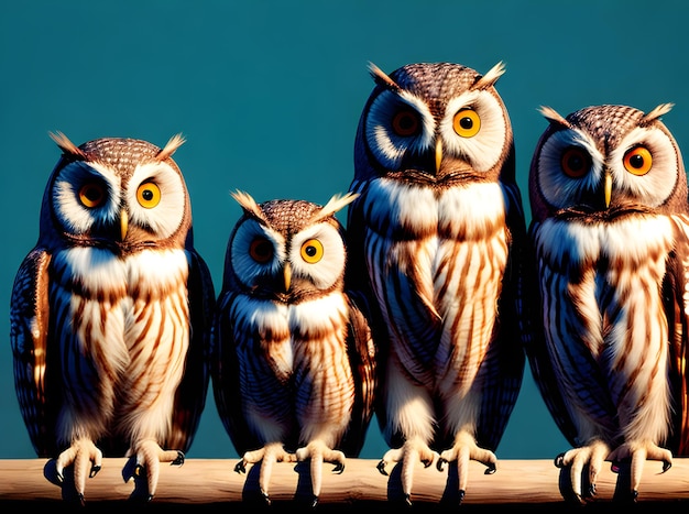 Owls on painted background knolling 3D shadows Pantone colors Generative AI Generated