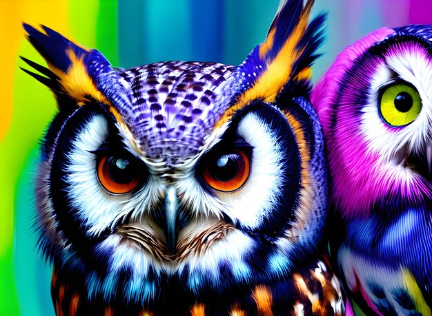 Owls on painted background knolling drawing neon colors generative ai generated