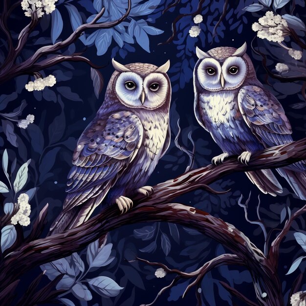 owls sitting on a branch of a tree with flowers in the background generative ai