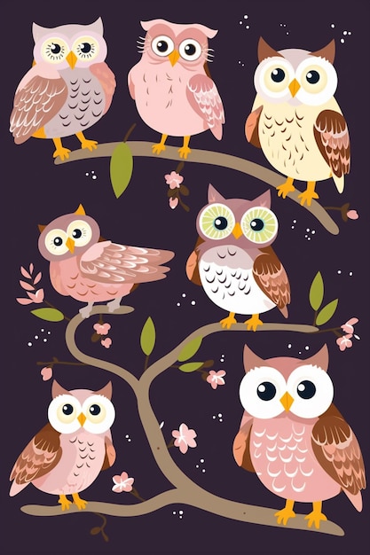 owls sitting on a branch with flowers and leaves generative ai