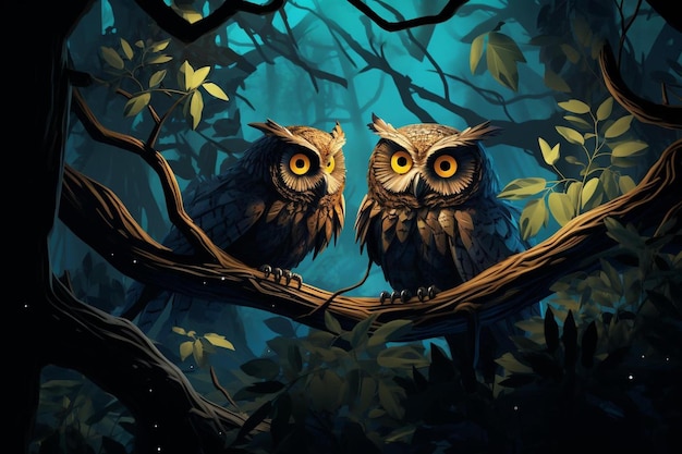 Owls in a tree with a blue background.