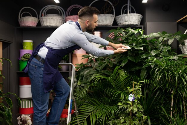 Owner of a business for the care of office and fresh flowers in pots