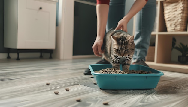 Photo owner cleaning cat litter box at home