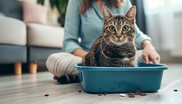 飼い主が家で猫のゴミ箱を掃除している