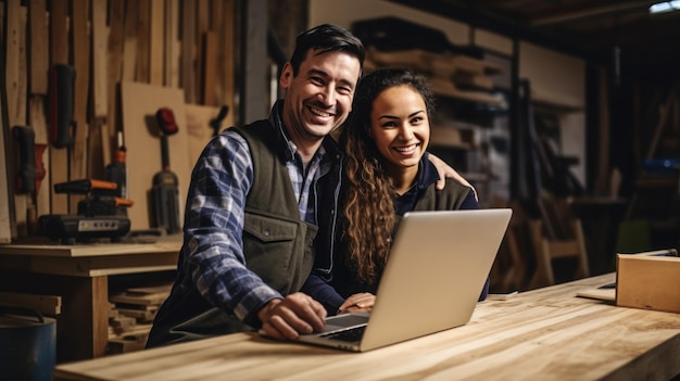 The owner couple of a small carpentry business smiled happily using laptop