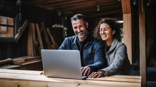 Photo the owner couple of a small carpentry business smiled happily using laptop