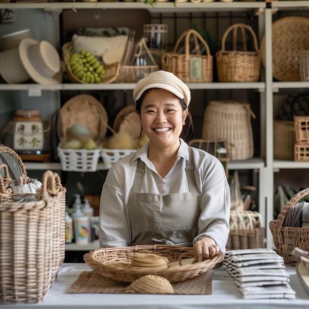 Owner a craft business while in a craft shop with handmade crafts on the shelf background